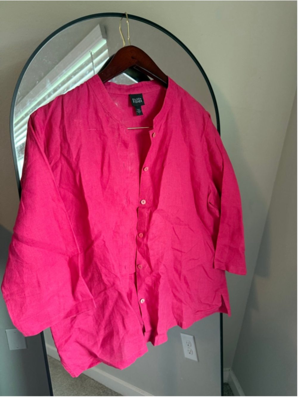 Eileen Fisher Size Large Pink System Button 3/4 Sleeve 100% Irish Linen Top
